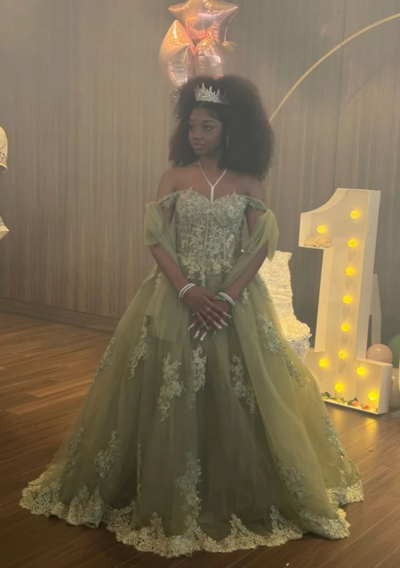 Princess A Line Green Tulle Lace Prom Dresses