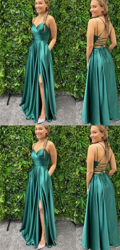 Simple green slit side prom dresses with criss cross