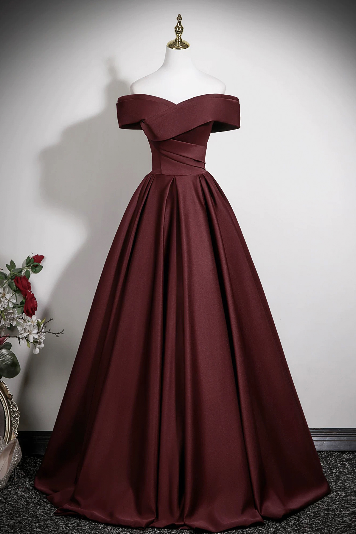 Burgundy Satin Long Prom Dress, A-Line Off the Shoulder Party Dress