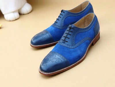 Crafted Leather Classic Blue Suede Leather Formal Oxford Lace up Dress Shoes