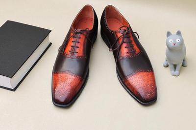 Crafted Leather Classic Handmade Brown Patina Leather Wingtip Oxford Dress Shoes