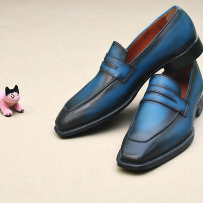 Crafted leather new handmade men blue leather moccasins loafers dress shoes  - Thumbnail 2