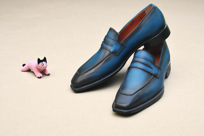 Crafted Leather New Handmade Men Blue Leather Moccasins Loafers Dress Shoes