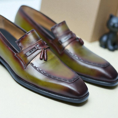 Crafted leather handmade men classic green patina leather tassel loafers dress shoes  - Thumbnail 2