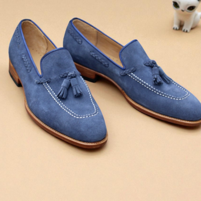 Crafted leather blue suede leather tassel loafers dress shoes for men  - Thumbnail 3