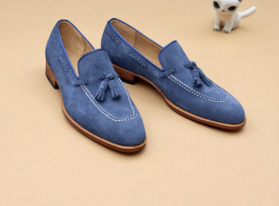 Crafted Leather Blue Suede Leather Tassel Loafers Dress Shoes For Men
