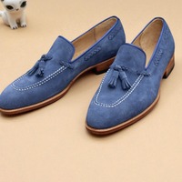 Crafted Leather Blue Suede Leather Tassel Loafers Dress Shoes For Men  - Thumbnail 1
