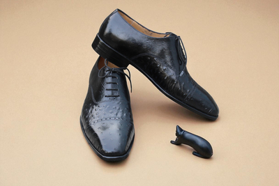 Crafted Leather Men Shoes Black Ostrich Leather Lace up Dress Shoes