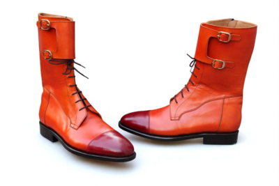 Crafted Leather Handmade Men Tan Brown Leather Buckle Strap Ankle High Lace up Boot