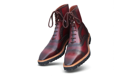 Crafted Leather Handmade Burgundy Leather Ankle High Lace up Boot