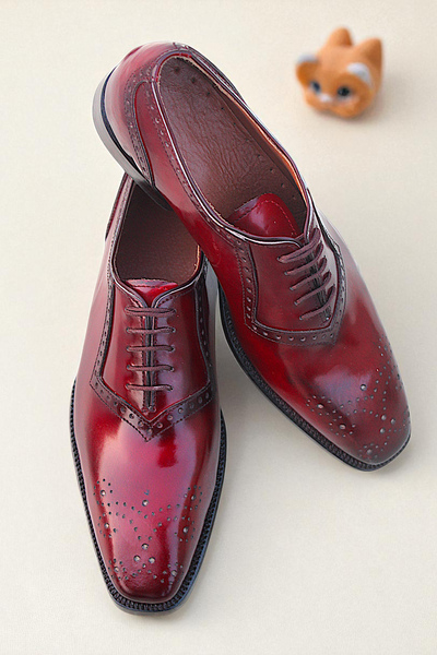 Crafted Leather Handmade Burgundy Leather Wingtip Oxford Dress Shoes