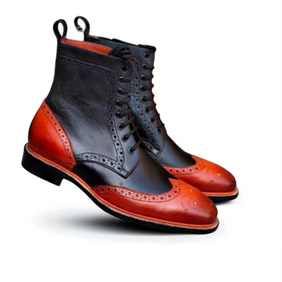 Crafted Leather Handmade Men Dress Shoes Black Brown Leather Ankle High Wingtip Balmoral Boot