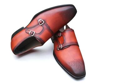 Crafted Leather Classic Handmade Men's Tan Leather Monk Strap Dress Shoes