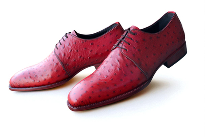 Crafted Leather Handmade Men Classic Red Ostrich Leather Lace up Dress Shoes