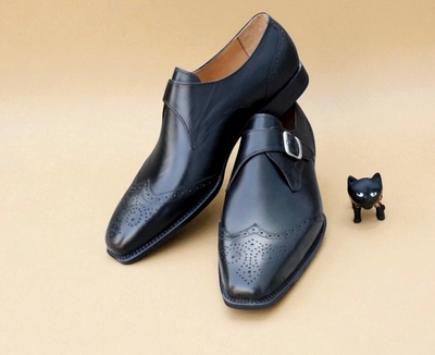 Crafted Leather Handmade Classic Black Calf Leather Wingtip Monk Strap Dress Shoes