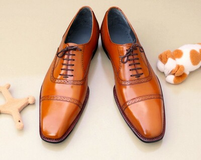 Crafted Leather Handmade Classic Tan Leather Lace up Dress Shoes
