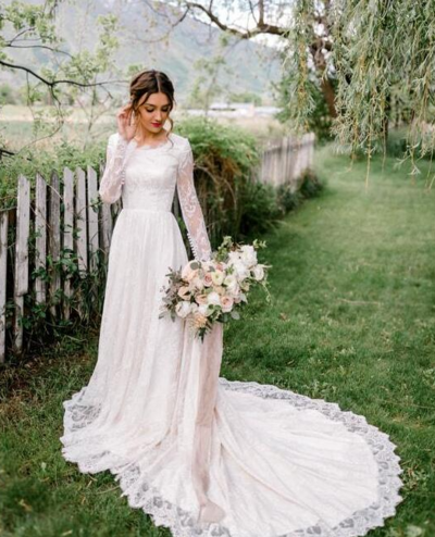 Modest A-line Long Sleeves Lace Wedding Dresses