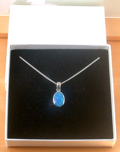 BOXED GIFT/Sterling Silver Blue Opal Oval Pendant & 18" Chain/Blue Opal Necklace/Blue Opal Jewellery/October Birthstone/UK
