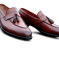 Crafted Leather Classic Brown Leather Tassel Loafers Dress Shoes - Thumbnail 1