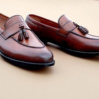Crafted Leather Classic Brown Leather Tassel Loafers Dress Shoes - Thumbnail 3