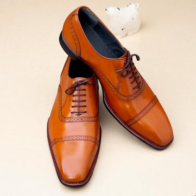 Crafted leather handmade classic tan leather lace up dress shoes - Thumbnail 2