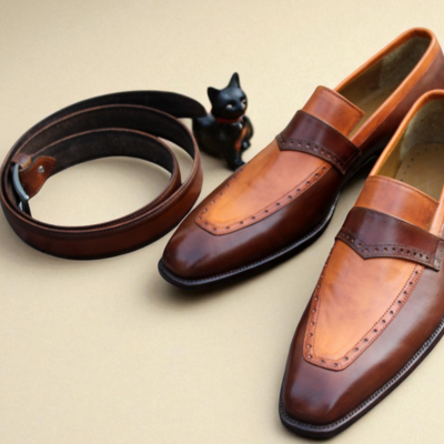 Crafted leather classic brown tan leather moccasin loafers dress shoes with matching belt - Thumbnail 2