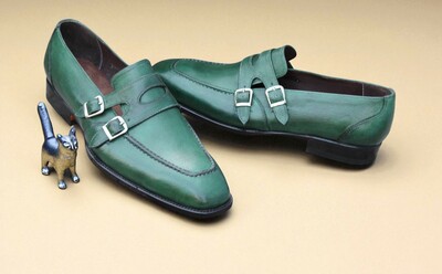 Crafted Leather Handmade Green Leather Double Monk Strap Dress Shoes