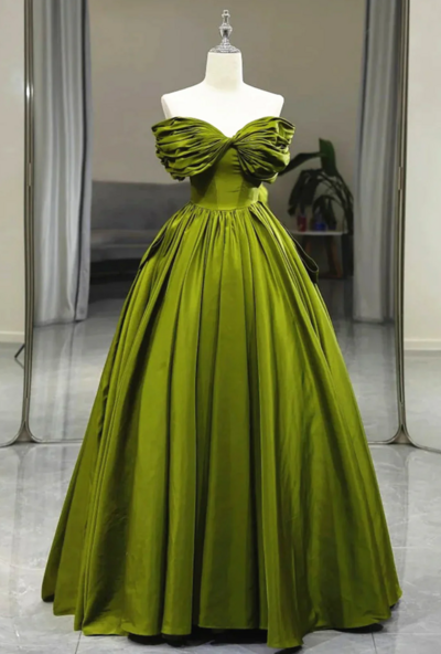Off Shoulder Green Satin Sweetheart Prom Dress