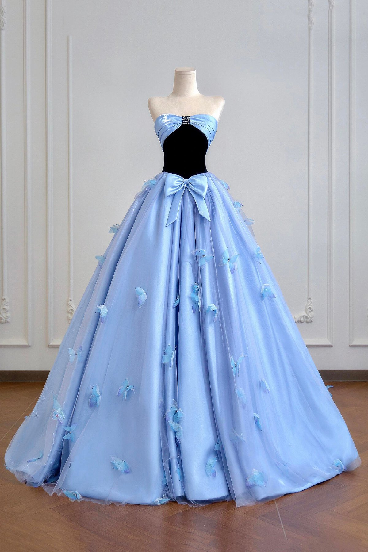 Black Velvet and Blue Tulle Long Prom Princess Dress