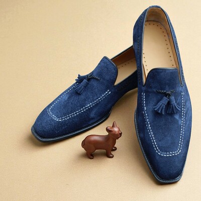 Crafted leather stunning blue suede tassel leather dress shoes - Thumbnail 1