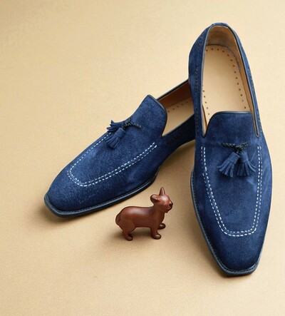 Crafted Leather Stunning Blue Suede Tassel Leather Dress Shoes