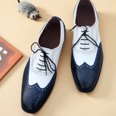 Crafted leather blue / white leather oxford men formal lace up dress shoes - Thumbnail 2