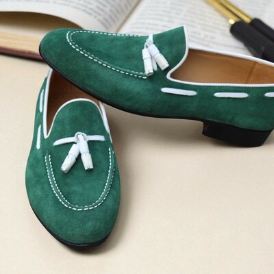 Crafted leather stunning green suede tassel leather dress shoes - Thumbnail 3