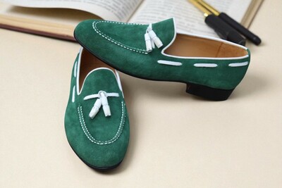 Crafted Leather Stunning Green Suede Tassel Leather Dress Shoes