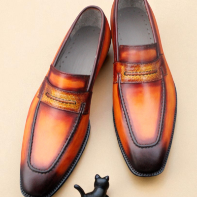 Crafted leather stunning tan leather moccasin formal loafers dress shoes - Thumbnail 4