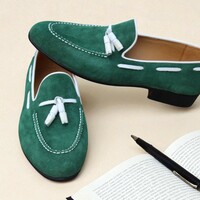 Crafted Leather Stunning Green Suede Tassel Leather Dress Shoes - Thumbnail 1