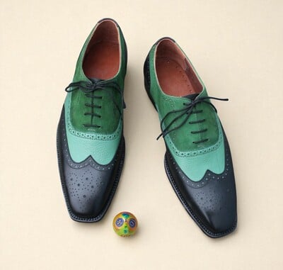 Crafted Leather Black Green Suede Grain Leather Wingtip Oxford Men Formal Lace up Dress Shoes