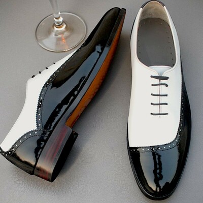 Crafted leather stunning men black patent white leather dress shoes - Thumbnail 2