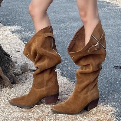 Suede Slouchy Western cowboy boots thick-heeled knight boots