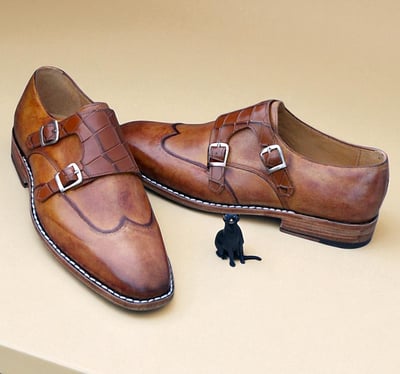 Crafted Leather Handmade Brown Leather Crocodile Alligator Monk Strap Wingtip Dress Shoes