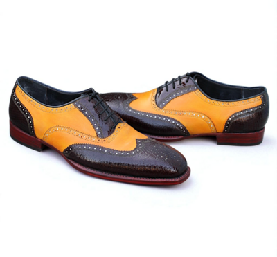 Crafted Leather Classic Men Brown Camel Leather Wingtip Oxford Dress Lace up Shoes