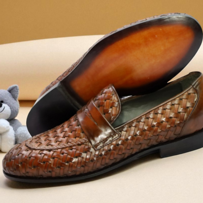 Crafted leather handmade men brown woven leather moccasin loafers formal dress shoes - Thumbnail 1