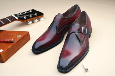 Crafted Leather Dark Burgundy Patina Leather Monk Strap Dress Shoes