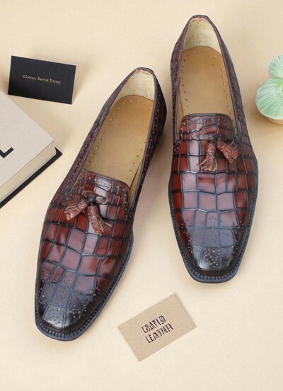 Crafted Leather Brown Crocodile/Alligator Leather Tassel Loafers Dress Shoes