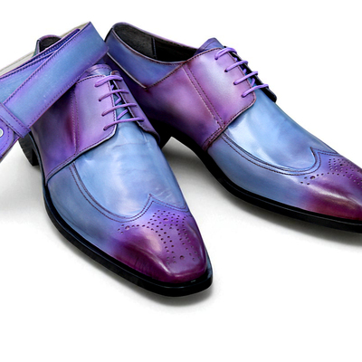 Crafted leather stunning men purple leather wingtip oxford dress shoes with matching belt - Thumbnail 1