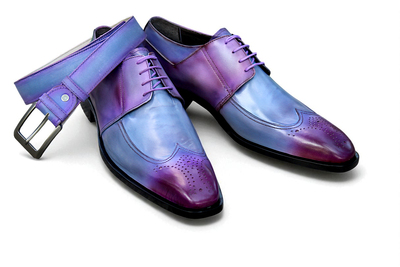 Crafted Leather Stunning Men Purple Leather Wingtip Oxford Dress Shoes with Matching Belt