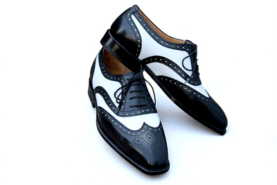 Crafted Leather Black White Leather Wingtip Lace up Oxford Dress Shoes