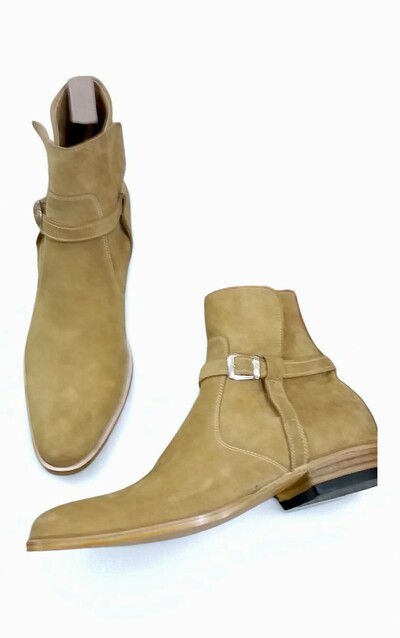 Crafted Leather New Mens Beige Suede Leather Jodhpur Buckle Strap Boot