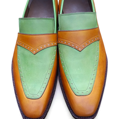 Crafted leather green brown leather moccasin loafers dress shoes - Thumbnail 3