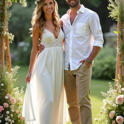 A line tulle wedding dress, beach boho lace bridal dress bridal gown - Thumbnail 1